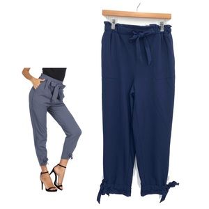 GRACE KARIN Navy Blue Casual High Waist Long Pencil Pants Bow Tie Belt Small
